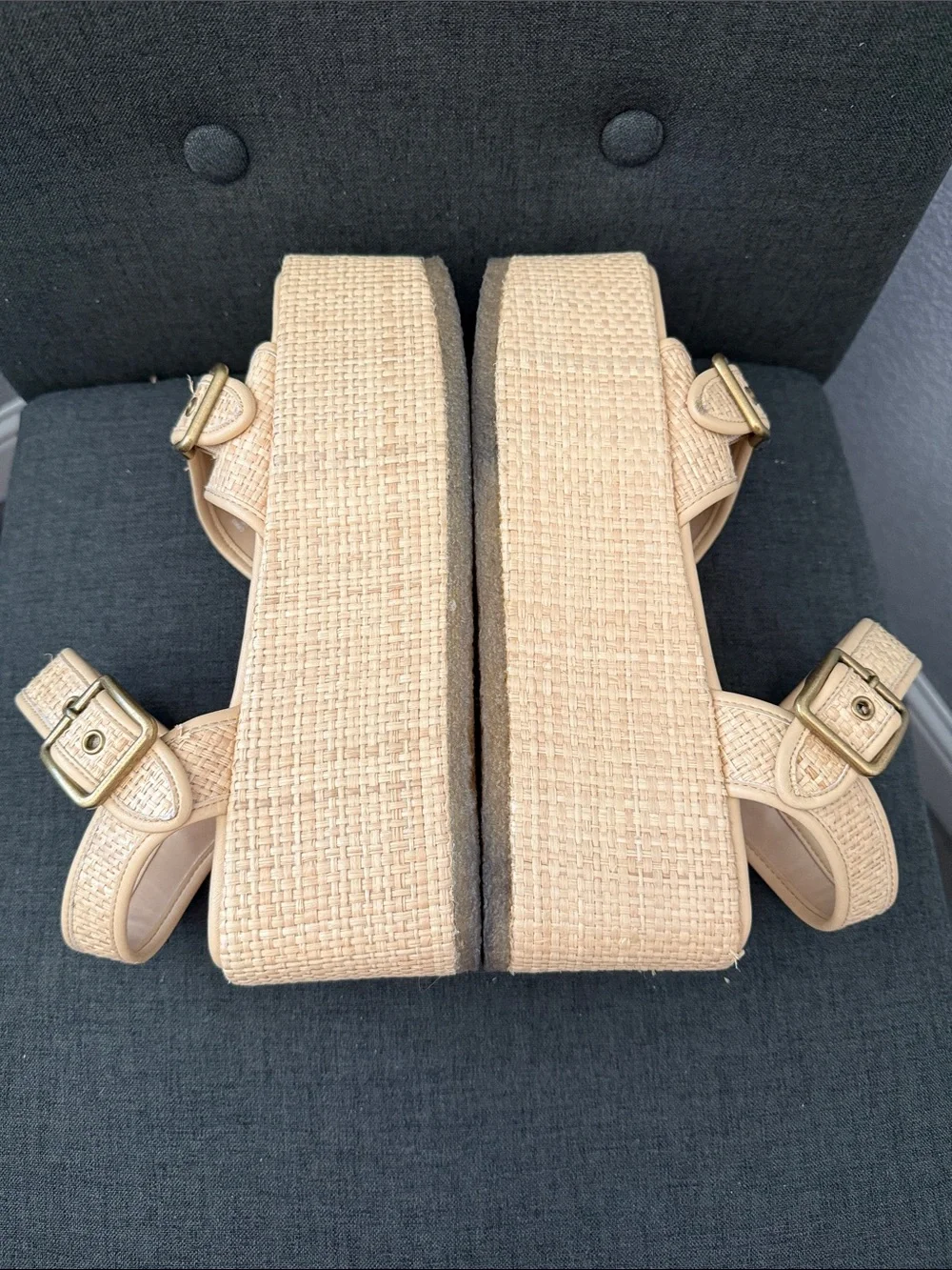 Coach Beige Woven Platform Wedge Sandals